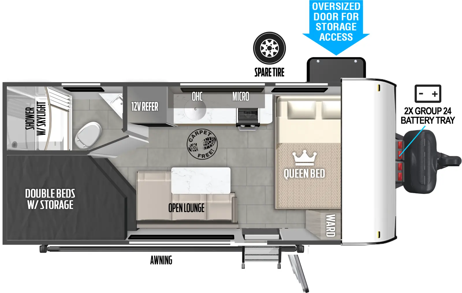 The Wildwood FSX 174DBLE floorplan has one entry and zero slide outs. Exterior features include: metal exterior. Interiors features include: bunk beds and front bedroom.